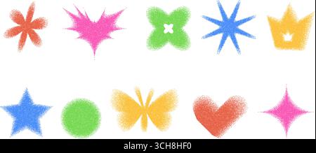 Gradientenformen. Geometrische Punktfiguren. Y2K Retro Herz, Stern und Kreis mit Blumenformen. Bunter Schmetterling, Krone auf weißem Hintergrund. Stock Vektor