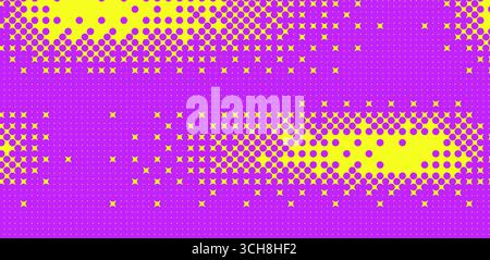 Abstrakter Rasterton leuchtender lila und gelber Hintergrund. Farbige Farbverlaufsabdeckung für Rauschen. Überzug in genarbtem Neon. Helle Farben Punkte Muster horizontal bann Stock Vektor