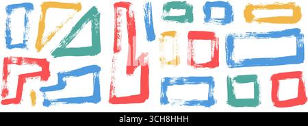 Mehrfarbige geometrische Formen, Pinselstrichsatz. Gemalte Dreiecke und Quadrate isoliert auf transparentem Hintergrund. Grobe, strukturierte Formen schleifen. Städtisch Stock Vektor