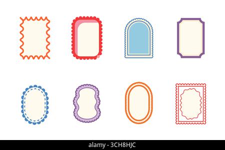 Funky-Retro-Bogen und geometrische Rahmen. Set aus lustigen Vintage-Farben mit Muschelrand. Textfelder oval, Bogen, Rechteckvorlagen. Vektorillustr Stock Vektor