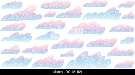 Handgezeichnetes, cremiges, strukturiertes Wolkenset mit Farbverlauf. Naive rosa und blaue Schatten-Elemente. Strukturierte Wetterfiguren in Kornpastellfarben. Punkte-Verlauf-Scribble Stock Vektor