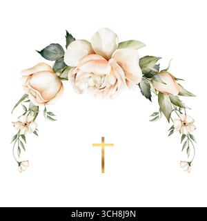 Blumenbogen in Aquarellfarben mit weißen sanften Rosen und goldenem Kreuz, isolierter Clipart für Taufe, Hochzeit, erste Kommunion, Beerdigung, Gedenkkarten Stockfoto