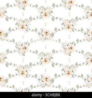 Nahtloses Aquarellmuster mit weißen Blumen und goldenen Kreuzen, christlicher floraler Hintergrund für Osterdesign, Taufe, Hochzeit, Kommunion, Beerdigung Stockfoto