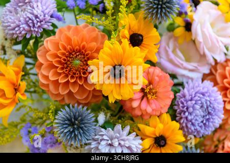 Sommerstrauß. Wunderschönes buntes Blumenarrangement. Lokale Blumen Geburtstagsstrauß aus nächster Nähe. Stockfoto