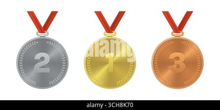 Set aus Gold-, Silber- und Bronzemedaillen mit den Zahlen 1, 2 und 3, die an roten Bändern hängen und für Erfolg und Sieg in einem Wettbewerb stehen Stock Vektor