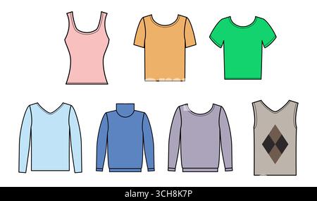 Der Modedesigner zeichnet verschiedene bunte Vorlagen von Oberteilen, darunter Tanktops, T-Shirts, langärmelige Hemden und Pullover, die einen vielfältigen Stil zeigen Stock Vektor