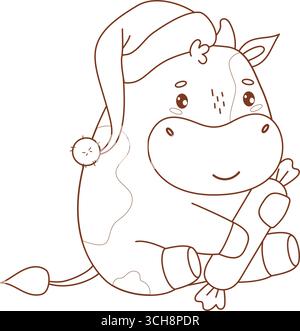 Entdecke die süße Weihnachtskuh mit Weihnachtsmütze und Süßigkeiten. Lustige Silvester-Cartoon Kawaii Animal. Linienzeichnung, Malbuch. Vektorabbildung. Kind Stock Vektor