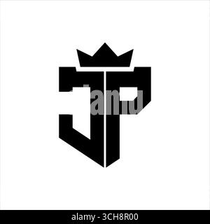 Vektorbild des JP-Logos eines Schildes mit einem scharfen geometrischen Stil mit einer spitzen Krone und dicken Schriftarten Stock Vektor