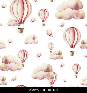 Luftballons mit Korb, Schmetterlingen und Sommerluftwolken nahtloses Muster. Aquarell Hand gezeichnetes Kinderzimmer Clipart isoliert auf Hintergrund. Niedlich Stockfoto