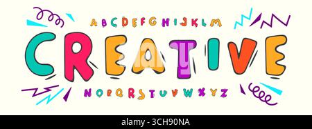 Verspieltes Zeichentrickalphabet, funkige Buchstaben, farbenfrohe kreative Kinderschriftart für Partylogo, Schulschilder Überschrift, fröhliches typografisches Design, modern Stock Vektor