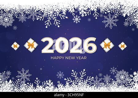 2026 Happy New Year Blauer Hintergrund mit weißen Schneeflocken Rand. Festliche Feier Banner. Winterkulisse Stock Vektor