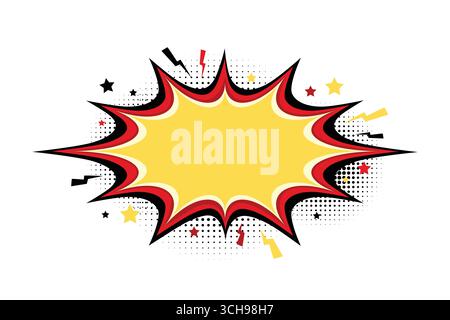 Comic-Buch-Explosion Sprechblase. Pop Art gelber und roter Comic-Aufkleber. Trendiger Pop-Art-Kommunikationsballon. Anime Explosionsdesign mit Stock Vektor