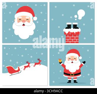 Set aus Weihnachtsgrußkarten, Neujahr und Winter mit niedlichen lustigen Weihnachtsklauseln. Vektor-Illustration des Weihnachtsposters im flachen Cartoon-Stil Stock Vektor