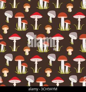 Nahtloses Muster des herbstlichen Pilzwaldes. Dunkler Hintergrund mit verschiedenen Pilzen im Gras. Herbstdruck für Textilien, Verpackungen und Design Stock Vektor