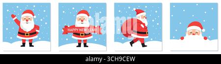 Set aus Weihnachtsgrußkarten, Neujahr und Winter mit niedlichen lustigen Weihnachtsklauseln. Vektor-Illustration des Weihnachtsposters im flachen Cartoon-Stil Stock Vektor