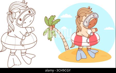 Niedliches Sommerpferd Beachgoer in schwimmender Tauchmaske und Flossen Set. Modelllinie und Farbzeichnung, Farbbuch. Isoliertes lustiges Pony Tier mit Palme Stock Vektor