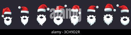 Satz Weihnachtsmannmützen. Rote Weihnachtsmänner mit Bart und Schnurrbart. Vektor Stock Vektor