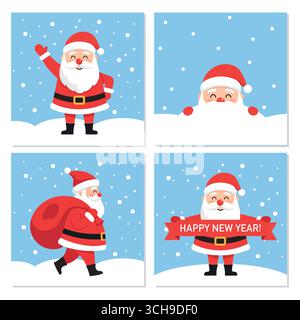 Set aus Weihnachtsgrußkarten, Neujahr und Winter mit niedlichen lustigen Weihnachtsklauseln. Vektor-Illustration des Weihnachtsposters im flachen Cartoon-Stil Stock Vektor