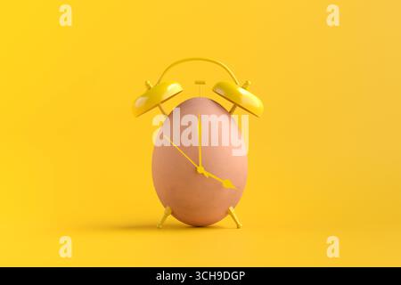Der eiförmige Wecker klingelt auf gelbem Hintergrund und symbolisiert die Ankunft von Ostern, Frühling oder Frühstück. 3D-Rendering. Stockfoto