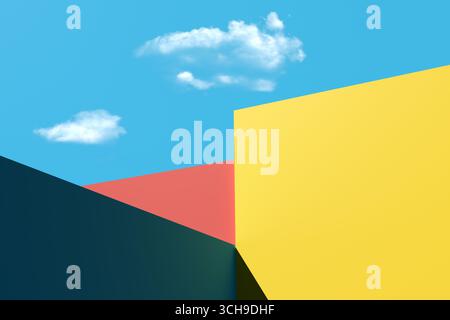 Gelbe, rote und blaue geometrische Formen, die Außenfassaden des Gebäudes unter blauem Himmel mit weißen Wolken darstellen. 3D-Rendering. Stockfoto
