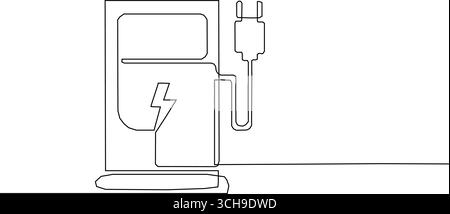Kontinuierliches einzeiliges Zeichnen des Elektroautos an der Ladestation. Elektroauto-Konzept. Grafische Vektorgrafik-Illustration für eine einzelne Linie. Stock Vektor