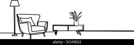 Durchgehende, einzeilige Zeichnung zeigt minimalistische skandinavische stilvolle Möbel. Einzeilige Zeichnung. Stock Vektor
