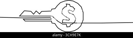Doller mit Schlüsselsymbol durchgehende, einzeilige Zeichnung auf weißem Hintergrund, bearbeitbare Strichlinie für Schlüssellinien, Dollar-förmiger Schlüssel. Stock Vektor