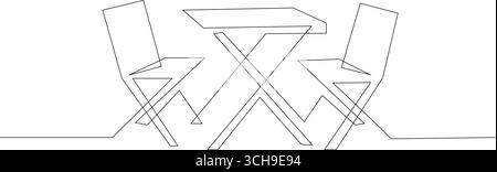 Gartenstühle und Tisch in durchgehendem Stil mit Strichkunst. Außenmöbel, schwarze lineare Skizze, isoliert auf weißem Hintergrund. Stock Vektor