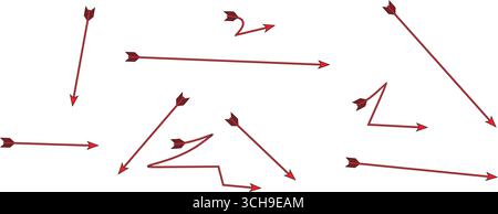 Roter Pfeil, langer Pfeil, roter horizontaler langer Pfeil. Lange Pfeile nach links und rechts in flacher Ausführung. Vektordarstellung mit Pfeilen. Pfeilsymbol isoliert, Cursor Stock Vektor