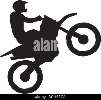 Dirt Bike Wheelie Silhouette. Dieses Bild zeigt eine schwarze Silhouette eines Fahrers, der auf einem Dirt Bike einen Wheelie macht und Nervenkitzel und Bewegung hervorhebt. Stock Vektor