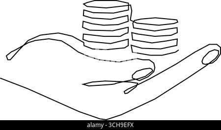 Handhaltende Münzen stapeln durchgehende einzeilige Zeichnung, Business Concept. Vektorabbildung. Stock Vektor