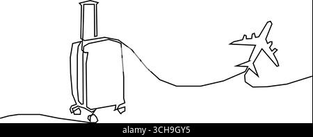 Koffer mit Flugzeug fliegen und rotieren in durchgehender einzeiliger Ausführung. Einzeilige Fahrzeichnung der Kontur der Gepäcktasche mit isolierten Rädern auf W Stock Vektor