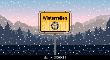 Winterreifen Verkehrsschild auf verschneite Winterlandschaft Hintergrund Vektor-Illustration Stock Vektor