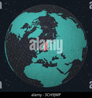 Schweden auf Globe. Vintage-Look mit zerkratzter Grunge-Textur. Länderansicht auf der Weltkarte in dunklem Anthrazit Türkis. Schwedenform auf der Karte. Stock Vektor