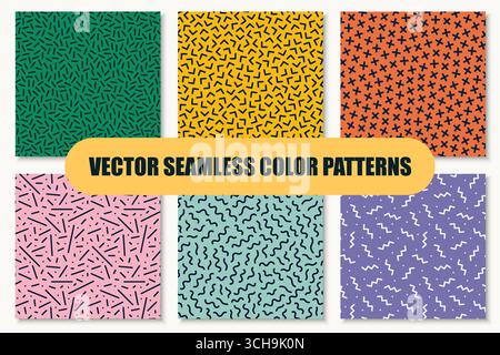Sammlung von bunten geometrischen, nahtlosen Vektormustern mit Formen und Symbolen. Wiederkehrende ungewöhnliche, trendige Hintergründe im modischen Retro-Stil der 80-90er Jahre Stock Vektor