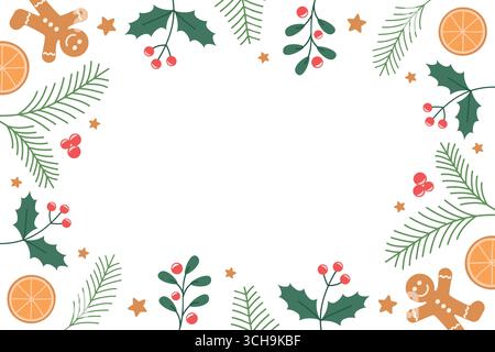 frohe weihnachtsrahmen mit Lebkuchen Orange und Tannenzweig Dekoration Vektor Illustration Stock Vektor