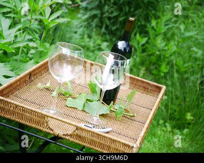 Weinflasche und Gläser im Garten, dekoriert auf einem Gartentisch mit einem Zweig aus einer Weinfabrik Stockfoto