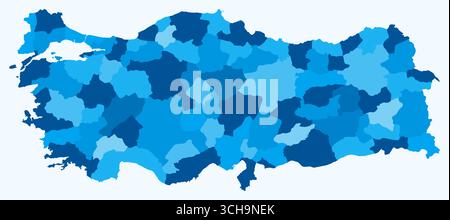 Karte der Türkei mit Regionen. Eine einfache Ländergrenzkarte mit regionaler Aufteilung. Hellblaue Farbpalette. Stock Vektor
