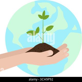 Retten Sie Die Erde. Save Globe. Rettet die Welt rettet den Planeten. Grüne Welt. Umweltfreundliches und umweltfreundliches Energiekonzept. Stock Vektor