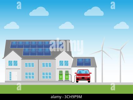Haus mit Sonnenkollektoren und Elektroauto und Windturbinen. Alternative und erneuerbare Energiequellen. Umweltfreundliche Energie, Elektrizität, Konzeptelement. Stock Vektor