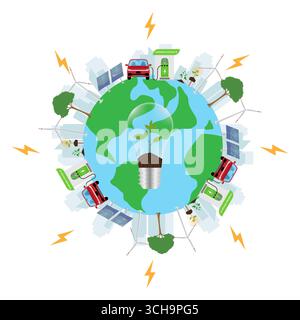 Grüne Energie. Rettet die Welt. Umweltfreundliche Energieeinsparung. Alternative saubere Energie. Erneuerbare Energiequellen. Vektorabbildung. Stock Vektor