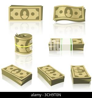 Vektor-Illustration Set aus gelben Banknoten in Stapeln, Rollen, wellenförmigen Falten und Bündeln mit Gummibändern auf weißem Hintergrund für Finanzthemen Stock Vektor