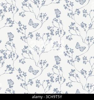 Nahtloses Blumenmuster mit Schmetterlingen. Zweig mit dekorativer Blattstruktur. Blühende Natur Sommer Garten strukturiert Hintergrund Stock Vektor
