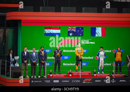 Niederlande, Niederlande. September 2025. Podium des Rennens: Oscar Piastri gewinnt den niederländischen GP vor Max Verstappen und Isack Hadjar, Zandvoort 28-31. August 2025. Formel-1-Weltmeisterschaft 2025. Quelle: Unabhängige Fotoagentur/Alamy Live News Stockfoto