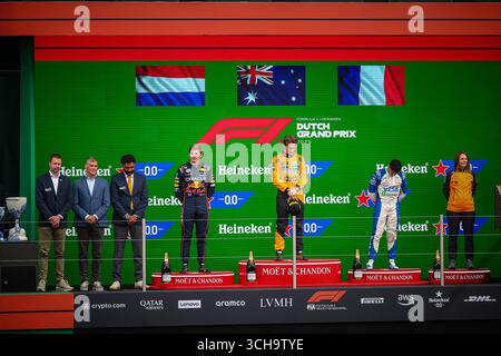 Niederlande, Niederlande. September 2025. Podium des Rennens: Oscar Piastri gewinnt den niederländischen GP vor Max Verstappen und Isack Hadjar, Zandvoort 28-31. August 2025. Formel-1-Weltmeisterschaft 2025. Quelle: Unabhängige Fotoagentur/Alamy Live News Stockfoto