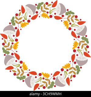 Herbstlicher Rundkranz aus Blättern, Beeren und Pilzen. Runder Naturwaldrahmen. Ernte-Waldrahmen mit Kopierraum für Herbstdesign Stock Vektor