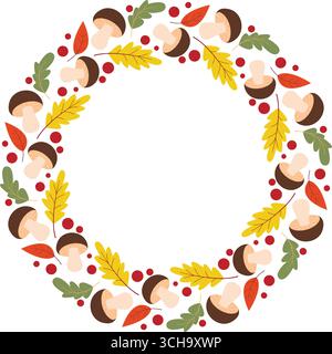 Runder Rand aus Waldboletus, Preiselbeere und Laub. Natur Herbstkranz. Leerer kreisförmiger Rahmen aus Waldpilzen, Eichenblättern und Beeren, Vektor Stock Vektor