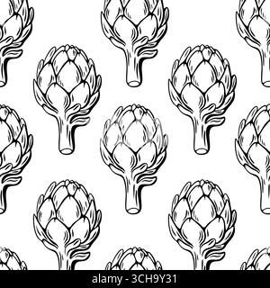 Nahtloses Muster handgezeichneter Artischocken im Gravurstil. Monochrom-Vektor, perfekt für Lebensmittelverpackungen und umweltfreundliche Branding. Stock Vektor