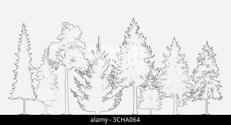 Architekturzeichnungen, eine CAD-Baumlinienzeichnung in minimalistischem Stil, Seitenansicht, Satz von Abschnitten Feuchtwald-Umrissen für Landschaftsentwürfe Stock Vektor