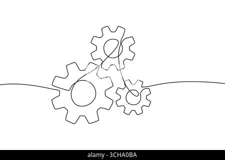 Einzelne durchgehende Linie Symbol der Vektorgrafik der Radräder der Maschine. Zahnrad einzeilige Konturzeichnung Business Teamwork Konzept System Symbol sol Stock Vektor